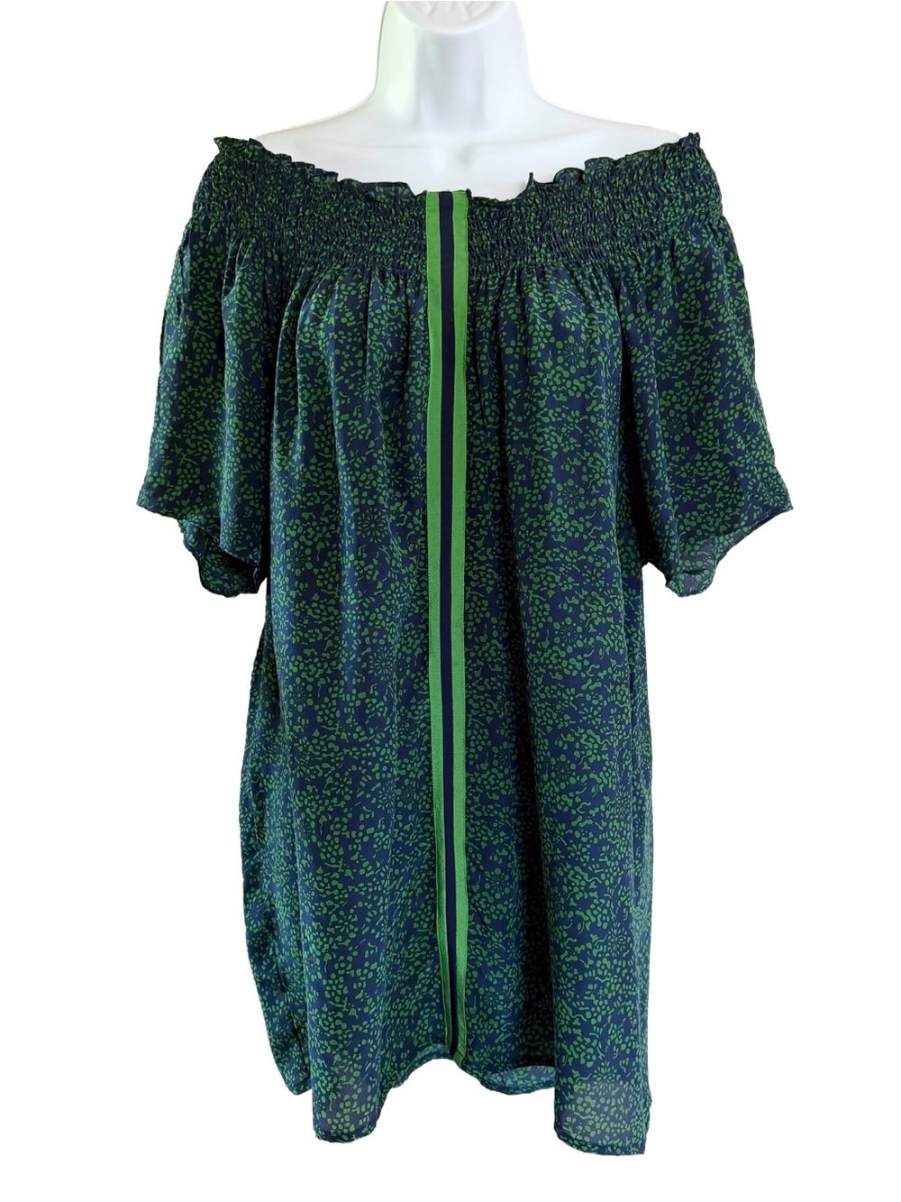 Rungolee Brooklyn Silk Off Shoulder Dress Blue Green Smocked Size Small